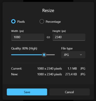 Microsoft Photos re-size options